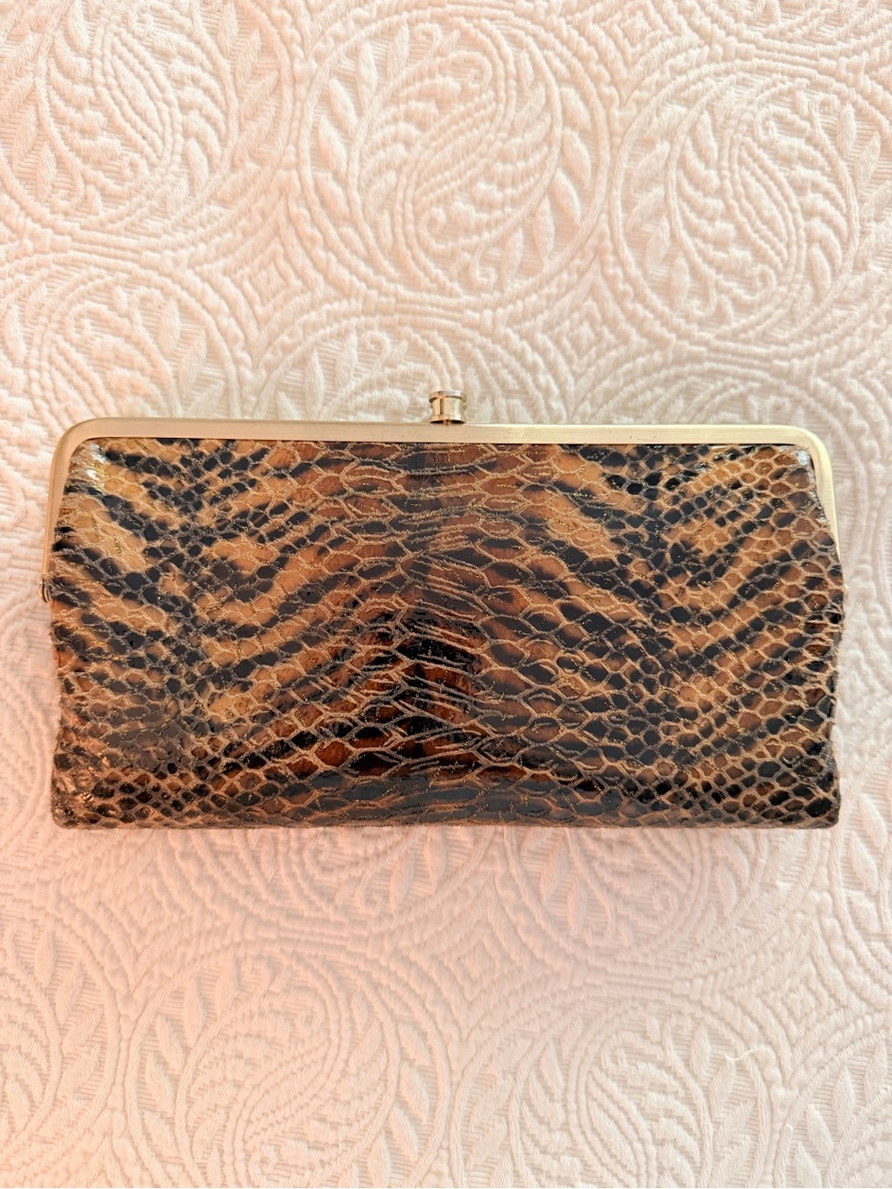 HOBO Animal-Print Snake-Embossed Frame Clutch in Black and Brown